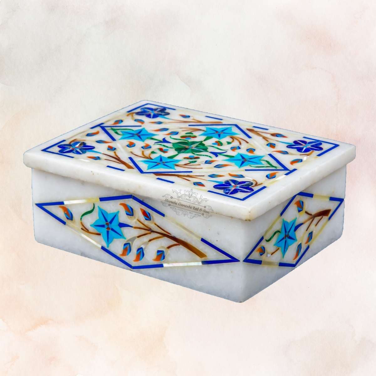 Blue-Green-Sky Blue & Golden Colour Designed White Marble Jewellery Box